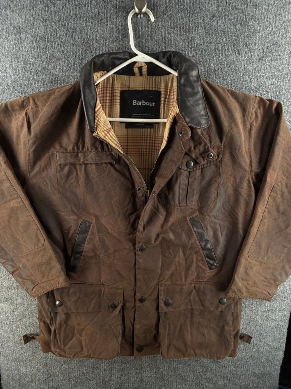 Barbour Bushman A1551 Waxed Jacket Canvas Medium Brown Elbow Patches England Wax